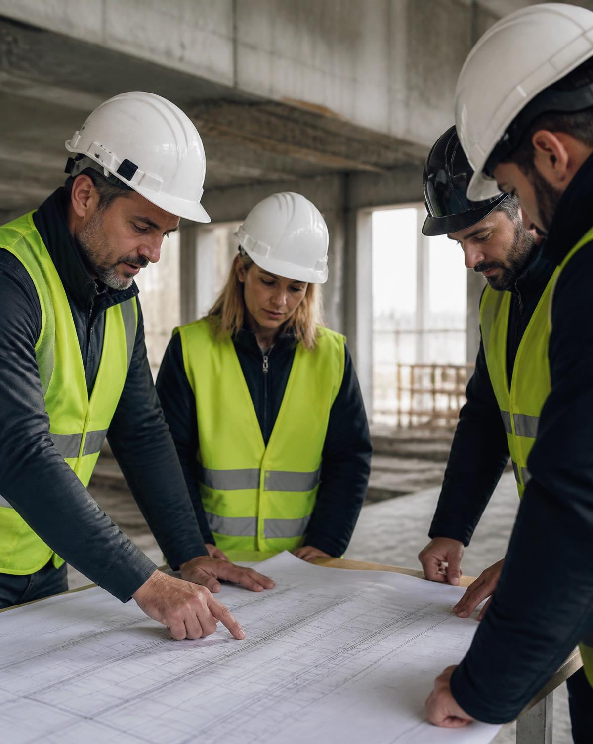 Equipe técnica analisando projeto no canteiro de obras